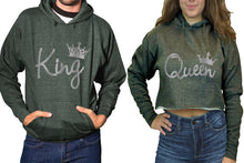 Load image into Gallery viewer, King and Queen hoodies, Matching couple hoodies, Charcoal pullover hoodie for man Charcoal crop top hoodie for woman
