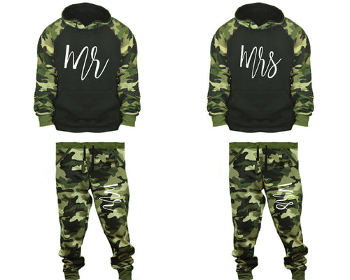 Mr and Mrs matching top and bottom set, Camo Green hoodie and sweatpants sets for mens, camo hoodie and jogger set womens. Couple matching camo jogger pants.