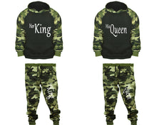 Load image into Gallery viewer, Her King and His Queen matching top and bottom set, Camo Green hoodie and sweatpants sets for mens, camo hoodie and jogger set womens. Couple matching camo jogger pants.
