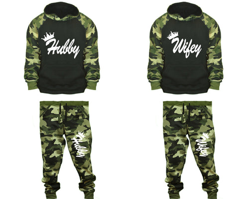 Hubby and Wifey matching top and bottom set, Camo Green hoodie and sweatpants sets for mens, camo hoodie and jogger set womens. Couple matching camo jogger pants.