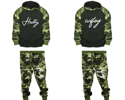 Hubby and Wifey matching top and bottom set, Camo Green hoodie and sweatpants sets for mens, camo hoodie and jogger set womens. Couple matching camo jogger pants.