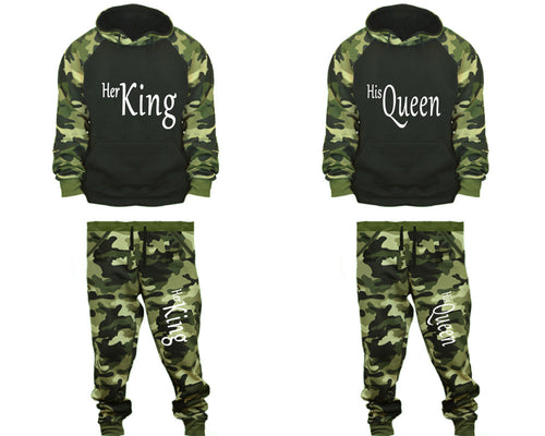 Her King and His Queen matching top and bottom set, Camo Green hoodie and sweatpants sets for mens, camo hoodie and jogger set womens. Couple matching camo jogger pants.