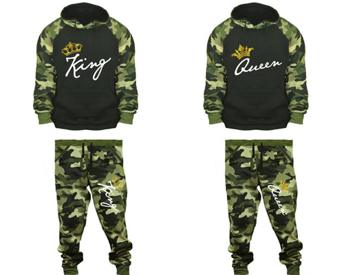 King and Queen matching top and bottom set, Camo Green hoodie and sweatpants sets for mens, camo hoodie and jogger set womens. Couple matching camo jogger pants.