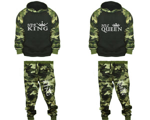 Her King and His Queen matching top and bottom set, Camo Green hoodie and sweatpants sets for mens, camo hoodie and jogger set womens. Couple matching camo jogger pants.