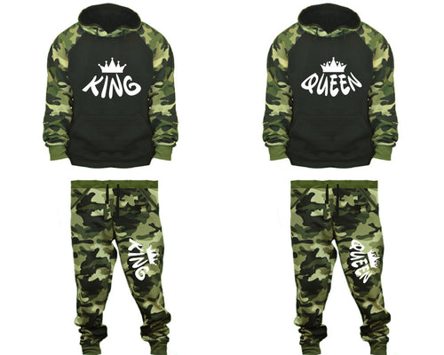 King and Queen matching top and bottom set, Camo Green hoodie and sweatpants sets for mens, camo hoodie and jogger set womens. Couple matching camo jogger pants.