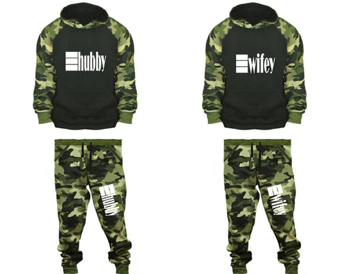 Hubby and Wifey matching top and bottom set, Camo Green hoodie and sweatpants sets for mens, camo hoodie and jogger set womens. Couple matching camo jogger pants.