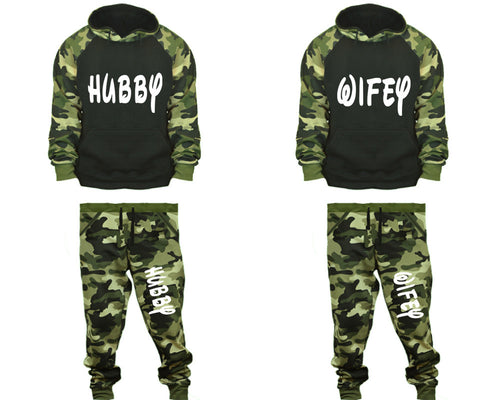 Hubby and Wifey matching top and bottom set, Camo Green hoodie and sweatpants sets for mens, camo hoodie and jogger set womens. Couple matching camo jogger pants.