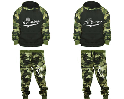 Her King and His Queen matching top and bottom set, Camo Green hoodie and sweatpants sets for mens, camo hoodie and jogger set womens. Couple matching camo jogger pants.