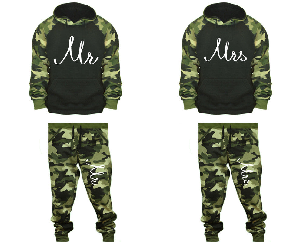 Mr and Mrs matching top and bottom set, Camo Green hoodie and sweatpants sets for mens, camo hoodie and jogger set womens. Couple matching camo jogger pants.