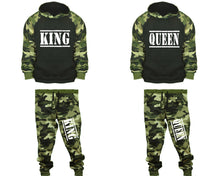 Charger l&#39;image dans la galerie, King and Queen matching top and bottom set, Camo Green hoodie and sweatpants sets for mens, camo hoodie and jogger set womens. Couple matching camo jogger pants.
