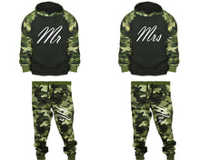 Load image into Gallery viewer, Mr and Mrs matching top and bottom set, Camo Green hoodie and sweatpants sets for mens, camo hoodie and jogger set womens. Couple matching camo jogger pants.
