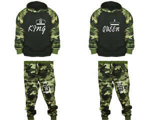 King and Queen matching top and bottom set, Camo Green hoodie and sweatpants sets for mens, camo hoodie and jogger set womens. Couple matching camo jogger pants.