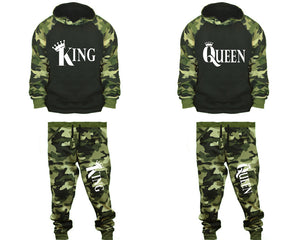 King and Queen matching top and bottom set, Camo Green hoodie and sweatpants sets for mens, camo hoodie and jogger set womens. Couple matching camo jogger pants.