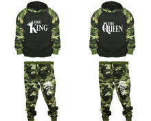 將圖片載入圖庫檢視器 Her King and His Queen matching top and bottom set, Camo Green hoodie and sweatpants sets for mens, camo hoodie and jogger set womens. Couple matching camo jogger pants.
