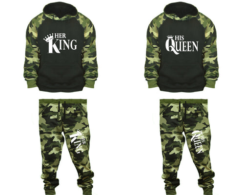 Her King and His Queen matching top and bottom set, Camo Green hoodie and sweatpants sets for mens, camo hoodie and jogger set womens. Couple matching camo jogger pants.