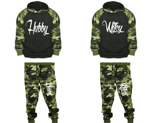 Hubby and Wifey matching top and bottom set, Camo Green hoodie and sweatpants sets for mens, camo hoodie and jogger set womens. Couple matching camo jogger pants.