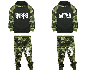 Hubby and Wifey matching top and bottom set, Camo Green hoodie and sweatpants sets for mens, camo hoodie and jogger set womens. Couple matching camo jogger pants.