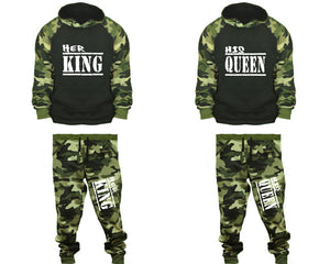 Her King and His Queen matching top and bottom set, Camo Green hoodie and sweatpants sets for mens, camo hoodie and jogger set womens. Couple matching camo jogger pants.