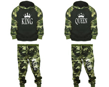 Load image into Gallery viewer, King and Queen matching top and bottom set, Camo Green hoodie and sweatpants sets for mens, camo hoodie and jogger set womens. Couple matching camo jogger pants.
