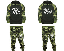 Load image into Gallery viewer, Mr and Mrs matching top and bottom set, Camo Green hoodie and sweatpants sets for mens, camo hoodie and jogger set womens. Couple matching camo jogger pants.
