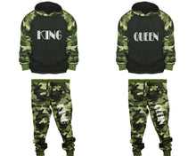 將圖片載入圖庫檢視器 King and Queen matching top and bottom set, Camo Green hoodie and sweatpants sets for mens, camo hoodie and jogger set womens. Couple matching camo jogger pants.
