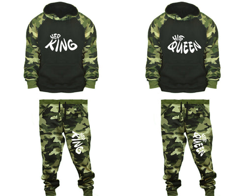 Her King and His Queen matching top and bottom set, Camo Green hoodie and sweatpants sets for mens, camo hoodie and jogger set womens. Couple matching camo jogger pants.