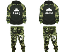 將圖片載入圖庫檢視器 King and Queen matching top and bottom set, Camo Green hoodie and sweatpants sets for mens, camo hoodie and jogger set womens. Couple matching camo jogger pants.
