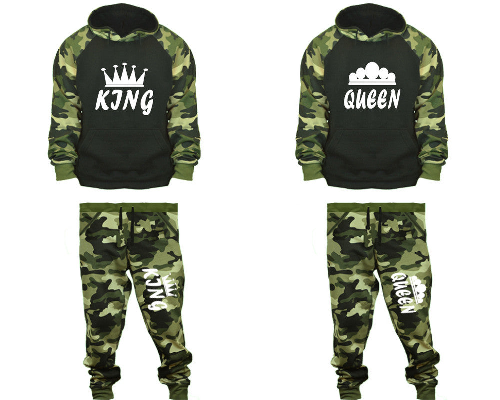 King and Queen matching top and bottom set, Camo Green hoodie and sweatpants sets for mens, camo hoodie and jogger set womens. Couple matching camo jogger pants.