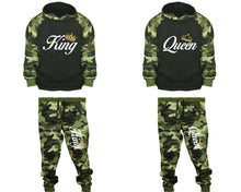 Load image into Gallery viewer, King and Queen matching top and bottom set, Camo Green hoodie and sweatpants sets for mens, camo hoodie and jogger set womens. Couple matching camo jogger pants.
