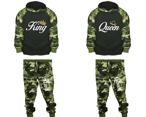 King and Queen matching top and bottom set, Camo Green hoodie and sweatpants sets for mens, camo hoodie and jogger set womens. Couple matching camo jogger pants.