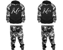 Load image into Gallery viewer, Mr and Mrs matching top and bottom set, Camo Grey hoodie and sweatpants sets for mens, camo hoodie and jogger set womens. Couple matching camo jogger pants.

