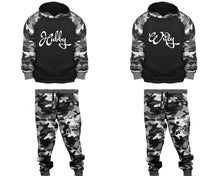 Charger l&#39;image dans la galerie, Hubby and Wifey matching top and bottom set, Camo Grey hoodie and sweatpants sets for mens, camo hoodie and jogger set womens. Couple matching camo jogger pants.
