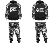 Load image into Gallery viewer, King and Queen matching top and bottom set, Camo Grey hoodie and sweatpants sets for mens, camo hoodie and jogger set womens. Couple matching camo jogger pants.
