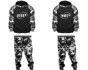 Hubby and Wifey matching top and bottom set, Camo Grey hoodie and sweatpants sets for mens, camo hoodie and jogger set womens. Couple matching camo jogger pants.