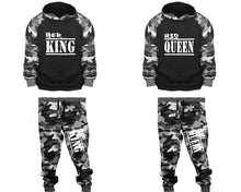 Charger l&#39;image dans la galerie, Her King and His Queen matching top and bottom set, Camo Grey hoodie and sweatpants sets for mens, camo hoodie and jogger set womens. Couple matching camo jogger pants.
