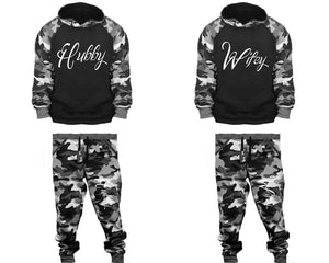 Hubby and Wifey matching top and bottom set, Camo Grey hoodie and sweatpants sets for mens, camo hoodie and jogger set womens. Couple matching camo jogger pants.