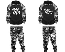 Charger l&#39;image dans la galerie, Mr and Mrs matching top and bottom set, Camo Grey hoodie and sweatpants sets for mens, camo hoodie and jogger set womens. Couple matching camo jogger pants.
