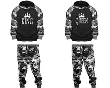 將圖片載入圖庫檢視器 King and Queen matching top and bottom set, Camo Grey hoodie and sweatpants sets for mens, camo hoodie and jogger set womens. Couple matching camo jogger pants.
