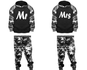 Mr and Mrs matching top and bottom set, Camo Grey hoodie and sweatpants sets for mens, camo hoodie and jogger set womens. Couple matching camo jogger pants.