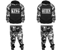 Charger l&#39;image dans la galerie, King and Queen matching top and bottom set, Camo Grey hoodie and sweatpants sets for mens, camo hoodie and jogger set womens. Couple matching camo jogger pants.
