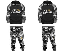 Load image into Gallery viewer, King and Queen matching top and bottom set, Camo Grey hoodie and sweatpants sets for mens, camo hoodie and jogger set womens. Couple matching camo jogger pants.
