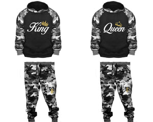 King and Queen matching top and bottom set, Camo Grey hoodie and sweatpants sets for mens, camo hoodie and jogger set womens. Couple matching camo jogger pants.