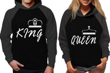 Load image into Gallery viewer, King and Queen raglan hoodies, Matching couple hoodies, Charcoal Black his and hers man and woman contrast raglan hoodies
