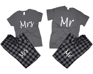 Mr and Mrs matching couple top bottom sets.Couple shirts, Charcoal Black_Charcoal flannel pants for men, flannel pants for women. Couple matching shirts.