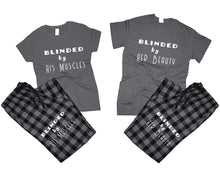 Cargar imagen en el visor de la galería, Blinded by Her Beauty and Blinded by His Muscles matching couple top bottom sets.Couple shirts, Charcoal Black_Charcoal flannel pants for men, flannel pants for women. Couple matching shirts.
