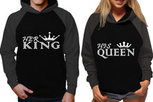 Load image into Gallery viewer, Her King and His Queen raglan hoodies, Matching couple hoodies, Charcoal Black his and hers man and woman contrast raglan hoodies
