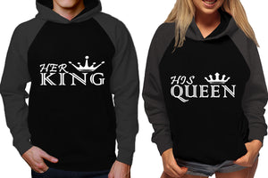 Her King and His Queen raglan hoodies, Matching couple hoodies, Charcoal Black his and hers man and woman contrast raglan hoodies