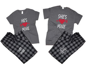 She's Mine and He's Mine matching couple top bottom sets.Couple shirts, Charcoal Black_Charcoal flannel pants for men, flannel pants for women. Couple matching shirts.