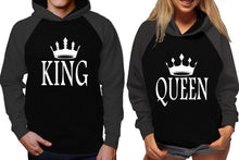 Load image into Gallery viewer, King and Queen raglan hoodies, Matching couple hoodies, Charcoal Black his and hers man and woman contrast raglan hoodies
