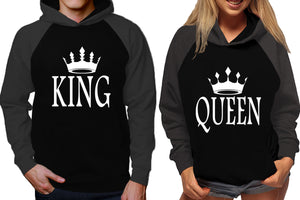 King and Queen raglan hoodies, Matching couple hoodies, Charcoal Black his and hers man and woman contrast raglan hoodies